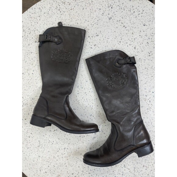 Bussola Women 7.5 Brown Leather Boot Equestrian Old Money SienaEmblem 2065 Crest - Picture 1 of 10